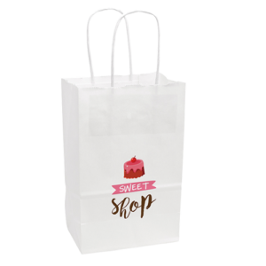5.5"W X 8.375"H with 3.25"D Full Color White Handle Shopper Paper Bags